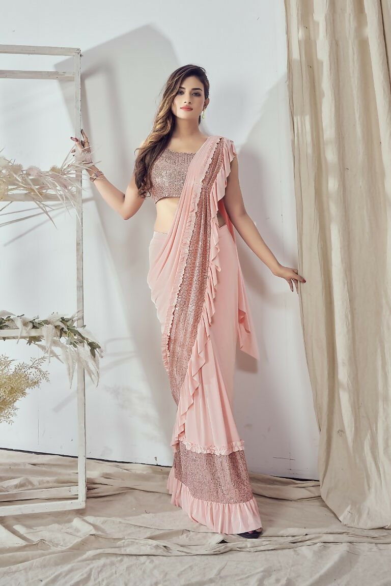 Mahotsav Women's Peach Lycra Embellished Ready To Wear Saree With Stitched Blouse - Distacart