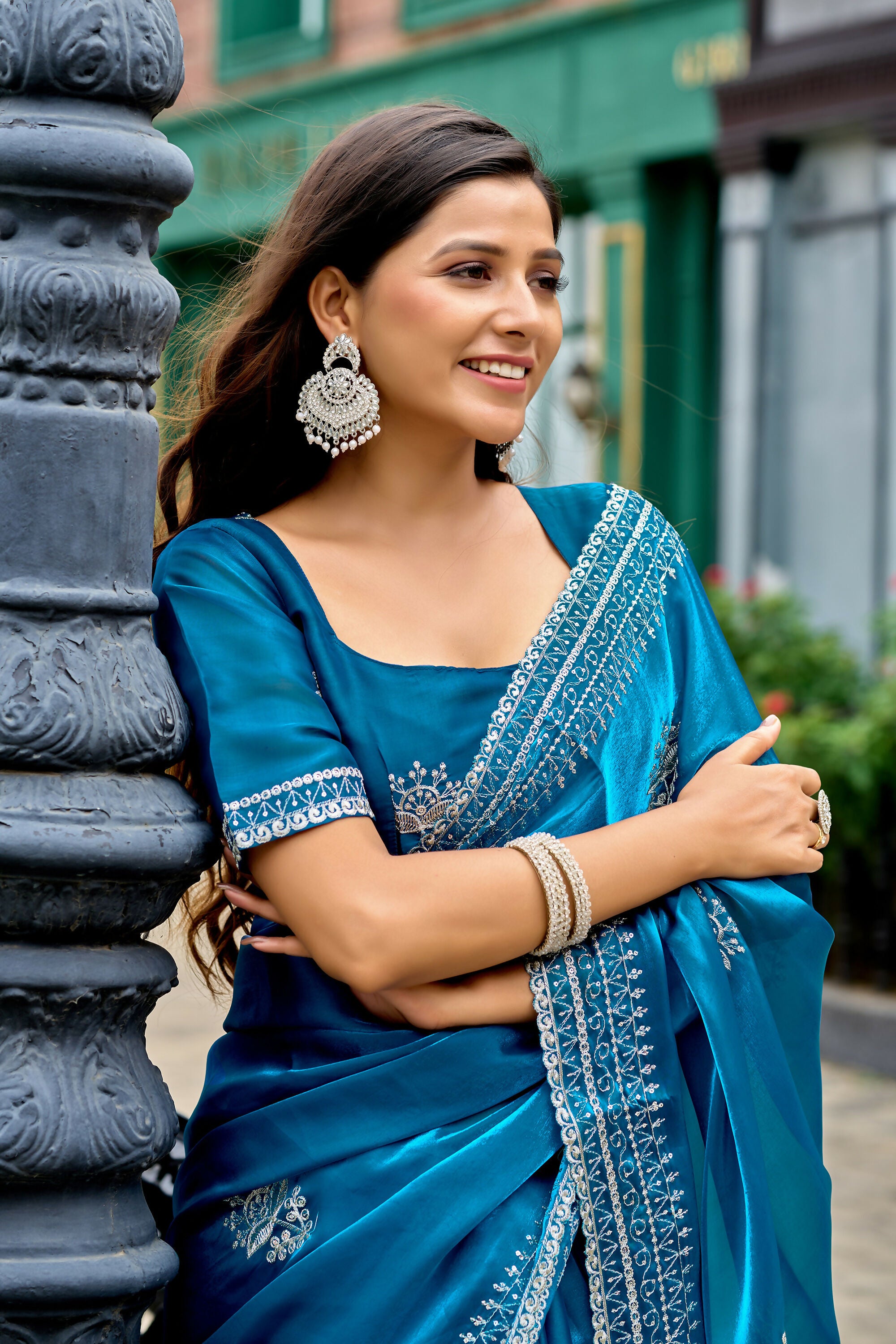 Vastranavya Sea Blue Embroidery Work Shimmer Chiffon Saree with Unstitched Blouse
