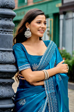 Thumbnail for Vastranavya Sea Blue Embroidery Work Shimmer Chiffon Saree with Unstitched Blouse