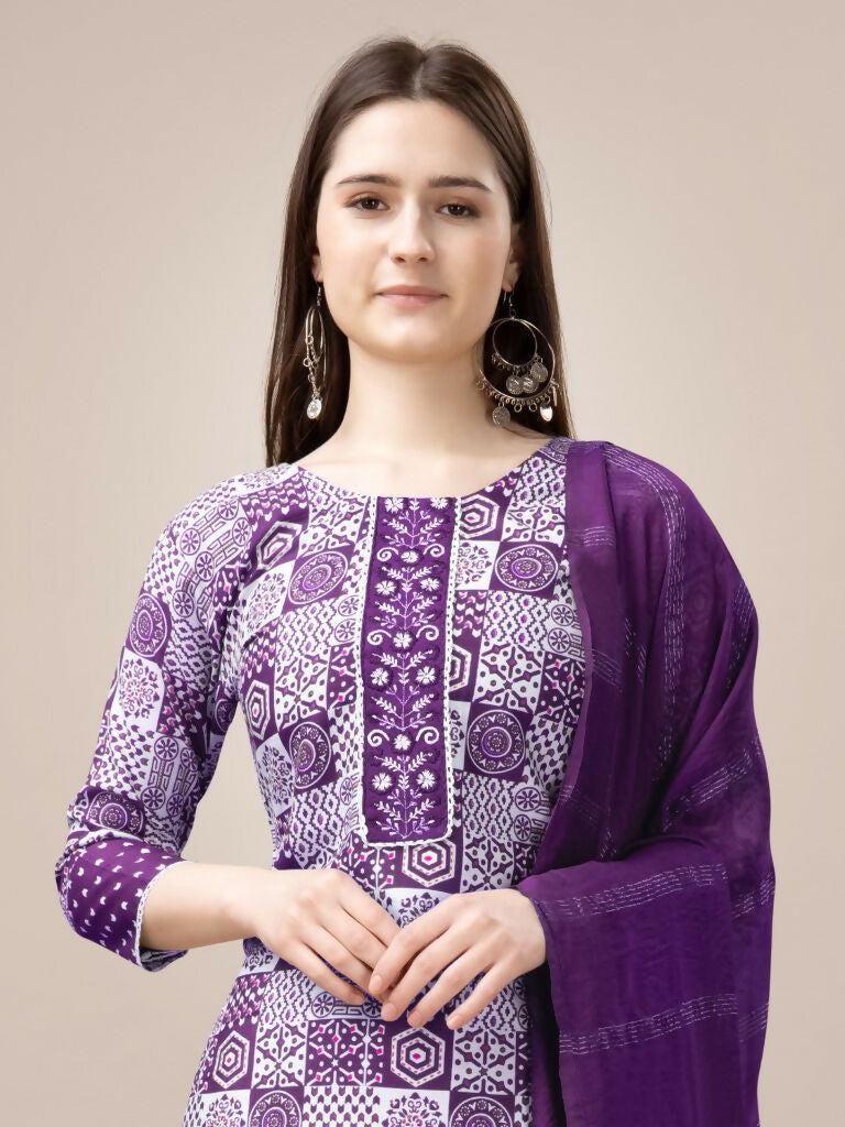 Jyoti Fashion Women's Purple Rayon Print with Embroidery & Fancy Lace Work Kurta with Trouser & Dupatta - Distacart