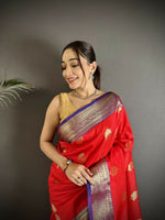 Thumbnail for Joban Fashion Red Intricate Zari Weaving Soft Silk Banarasi Saree - Distacart