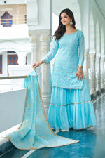Thumbnail for Joban Fashion Sky Blue Kurta Set Chinon Silk Embroidery Sequence Work - Distacart