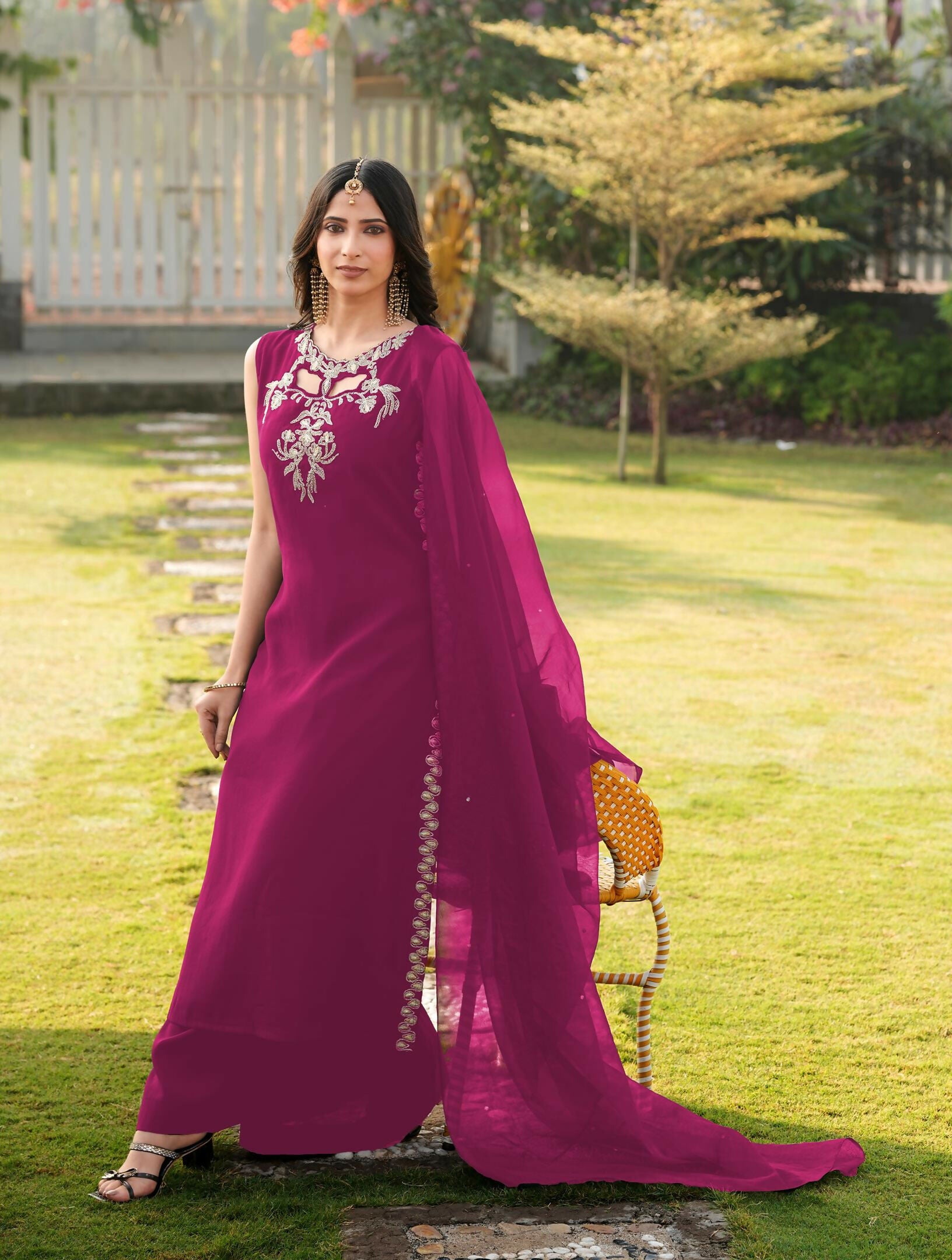 Nikhaar Magenta Embroidered Art Silk Stitched A Line Kurta Palazzo Dupatta Readymade Suit - Dista