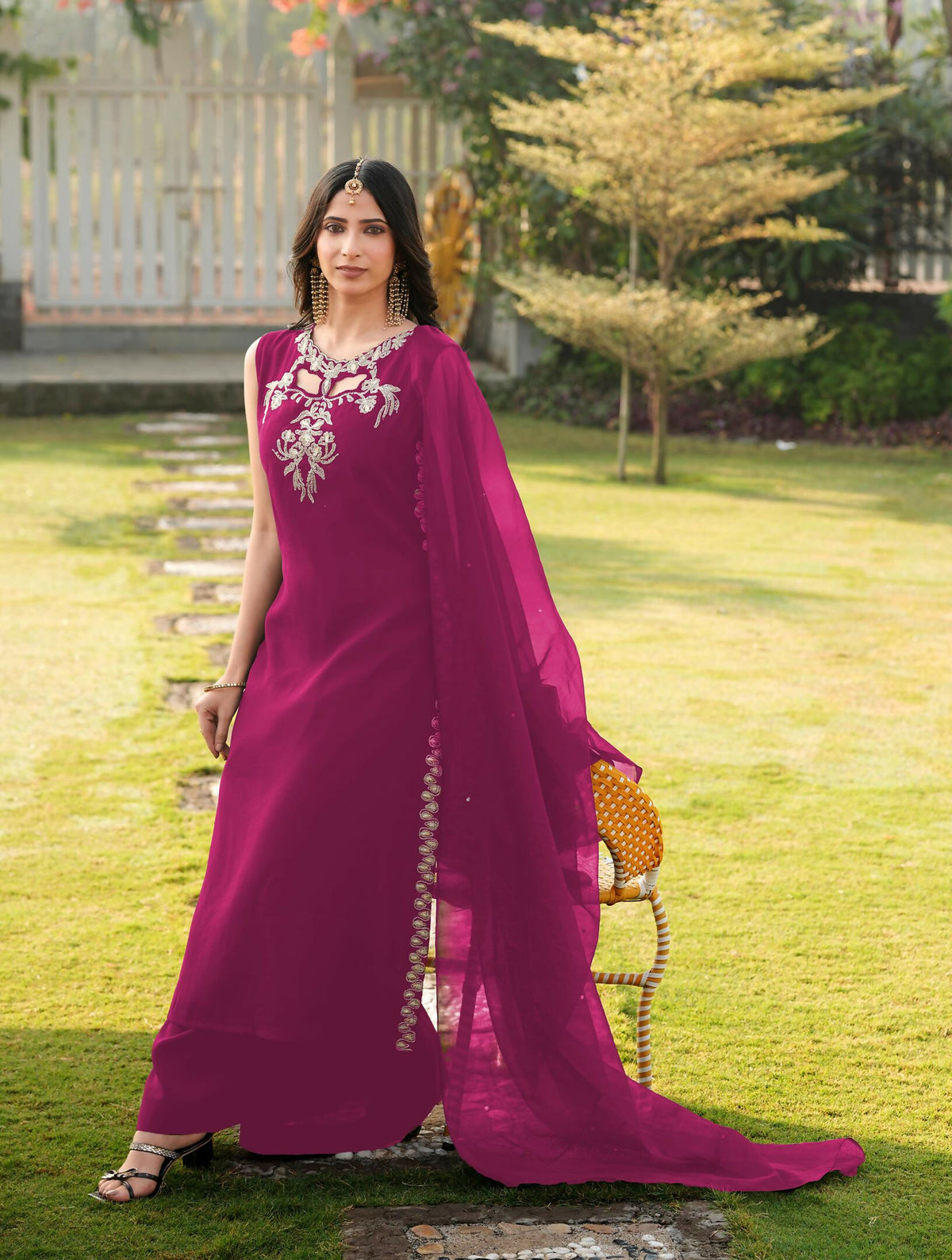Nikhaar Magenta Embroidered Art Silk Stitched A Line Kurta Palazzo Dupatta Readymade Suit
