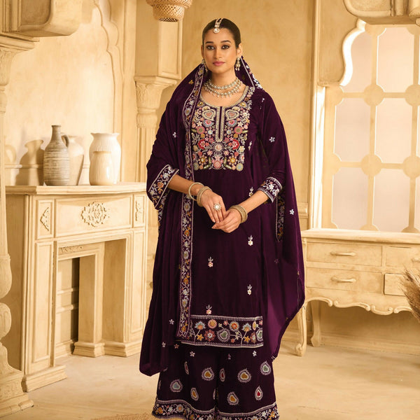 Anaita Wine Embroidered Velvet Stitched Plazo Suit