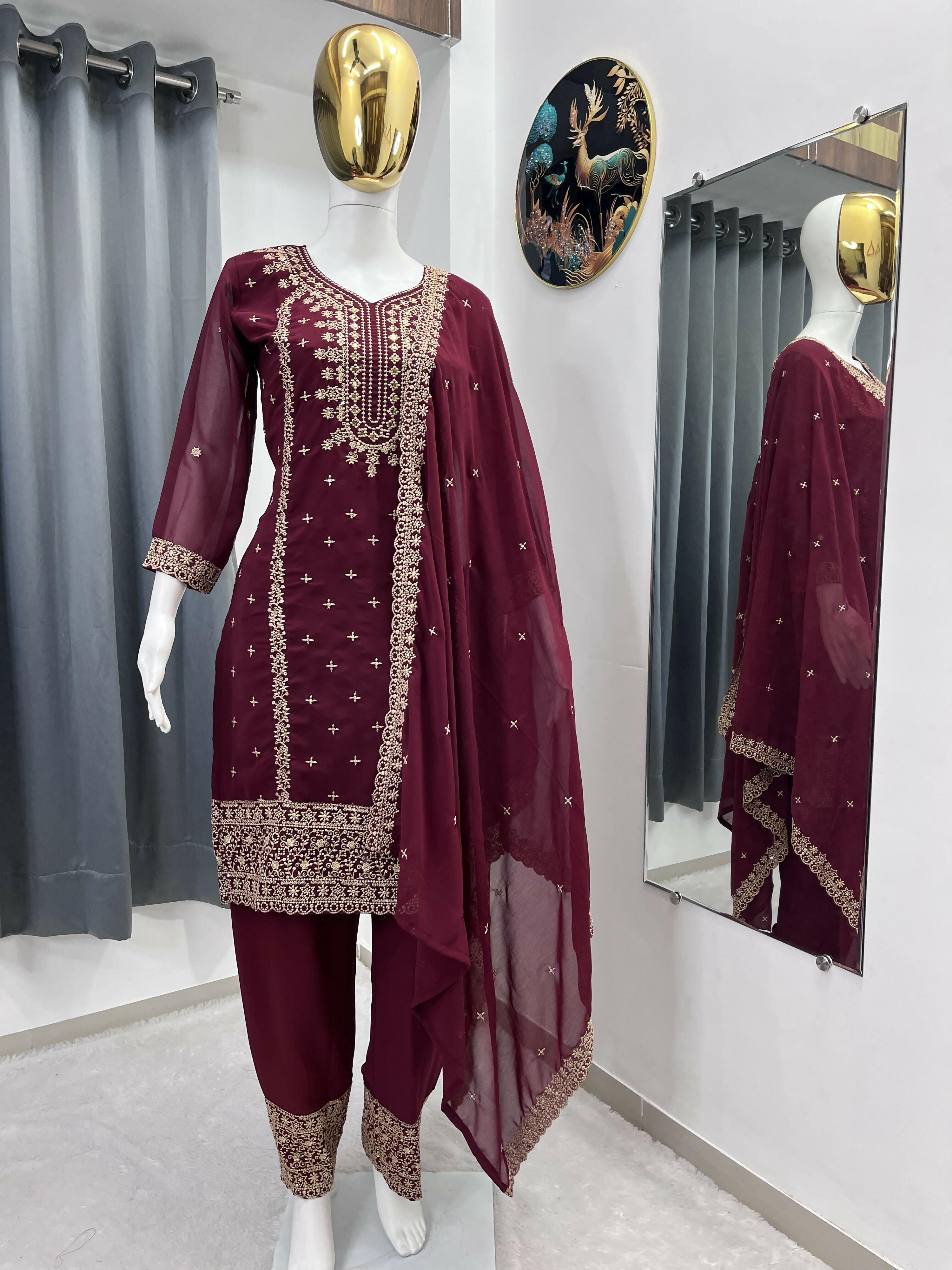 Teeya Creation Maroon Color Faux Georgette Embroidery Work Party Wear Salwar Suit - Distacart