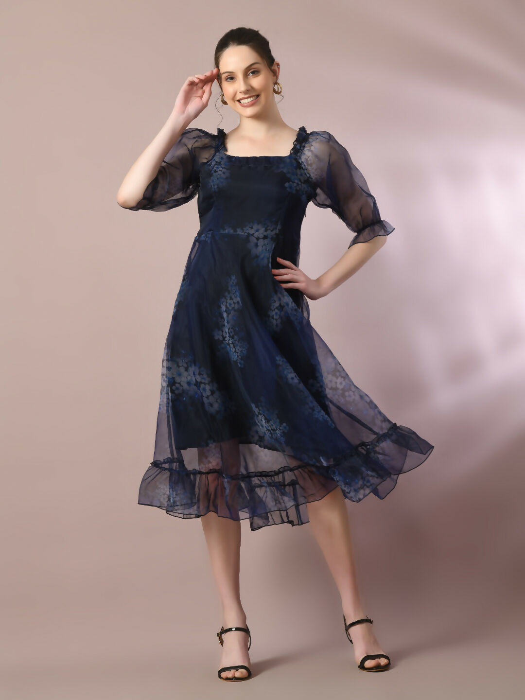 Squared Neck Sleeve Tiered Dress - Navy Blue