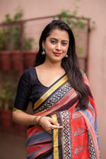 Thumbnail for Red Silk Blend Geometric Saree with Unstitched Blouse - A2M