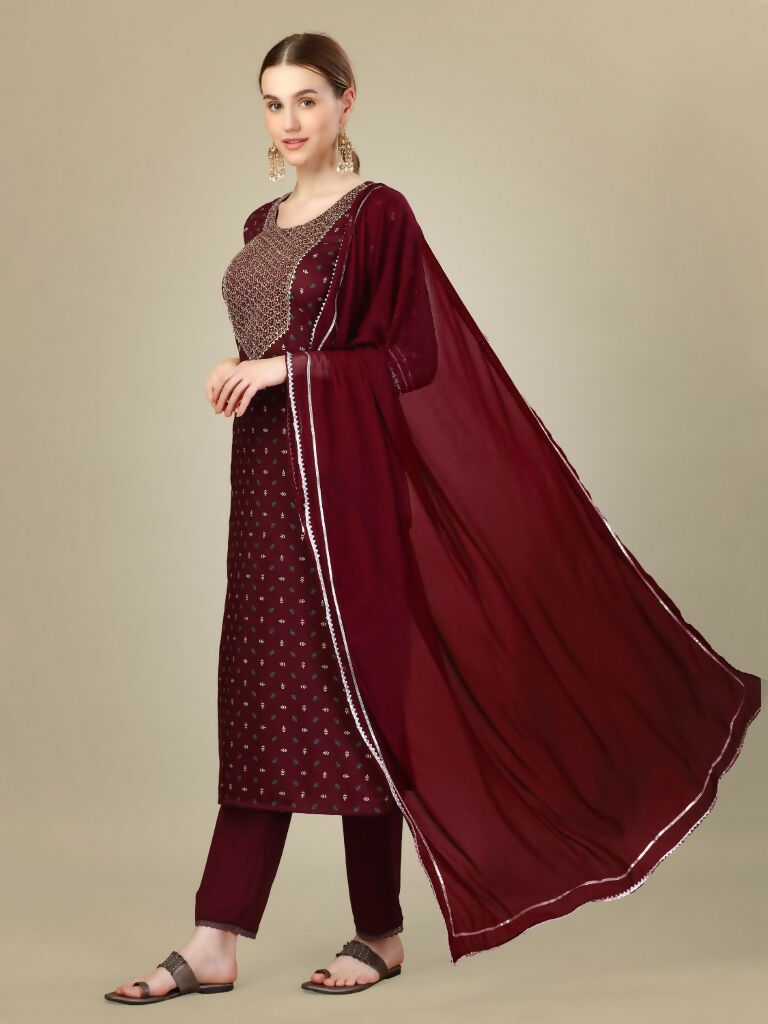 Jyoti Fashion Women's Maroon Silk Blend Embroidery & Sequence work Kurta with Trouser & Dupatta - Distacart