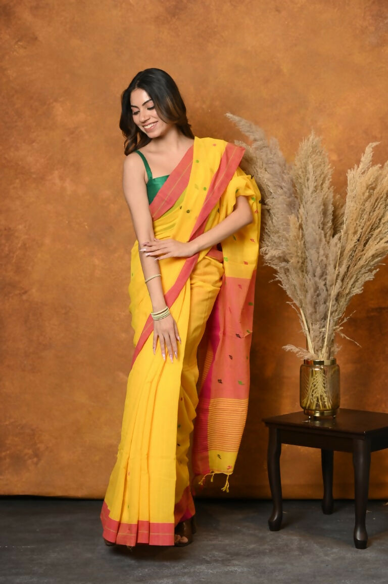 Very Much Indian Handloom Pure Cotton Saree With Sleek Border - Yellow - Distacart