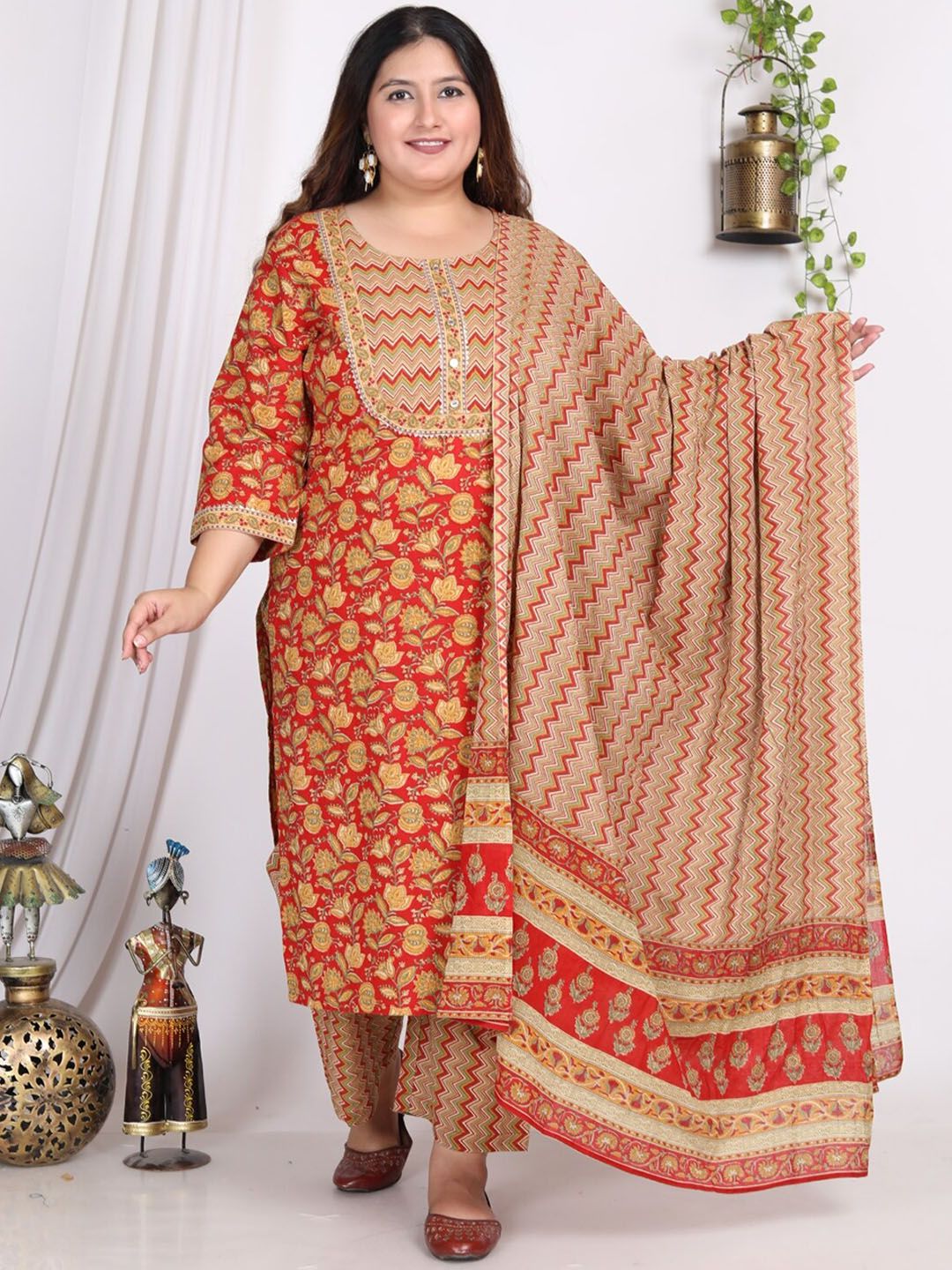 Swasti Plus Size Floral Printed Gotta Patti Pure Cotton Kurta With Trousers & Dupatta - Distacart