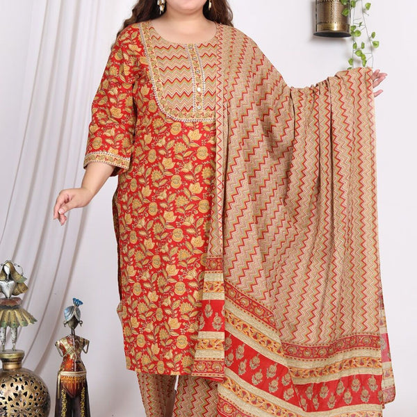Swasti Plus Size Floral Printed Gotta Patti Pure Cotton Kurta With Trousers & Dupatta - Distacart