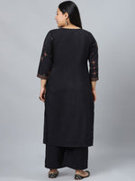 Thumbnail for Sztori Plus Size Black Printed Keyhole Neck Straight Kurta with Palazzos - Distacart