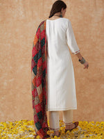 Thumbnail for Sangria White Ethnic Motifs Embroidered Thread Work Straight Kurta & Trouser With Dupatta