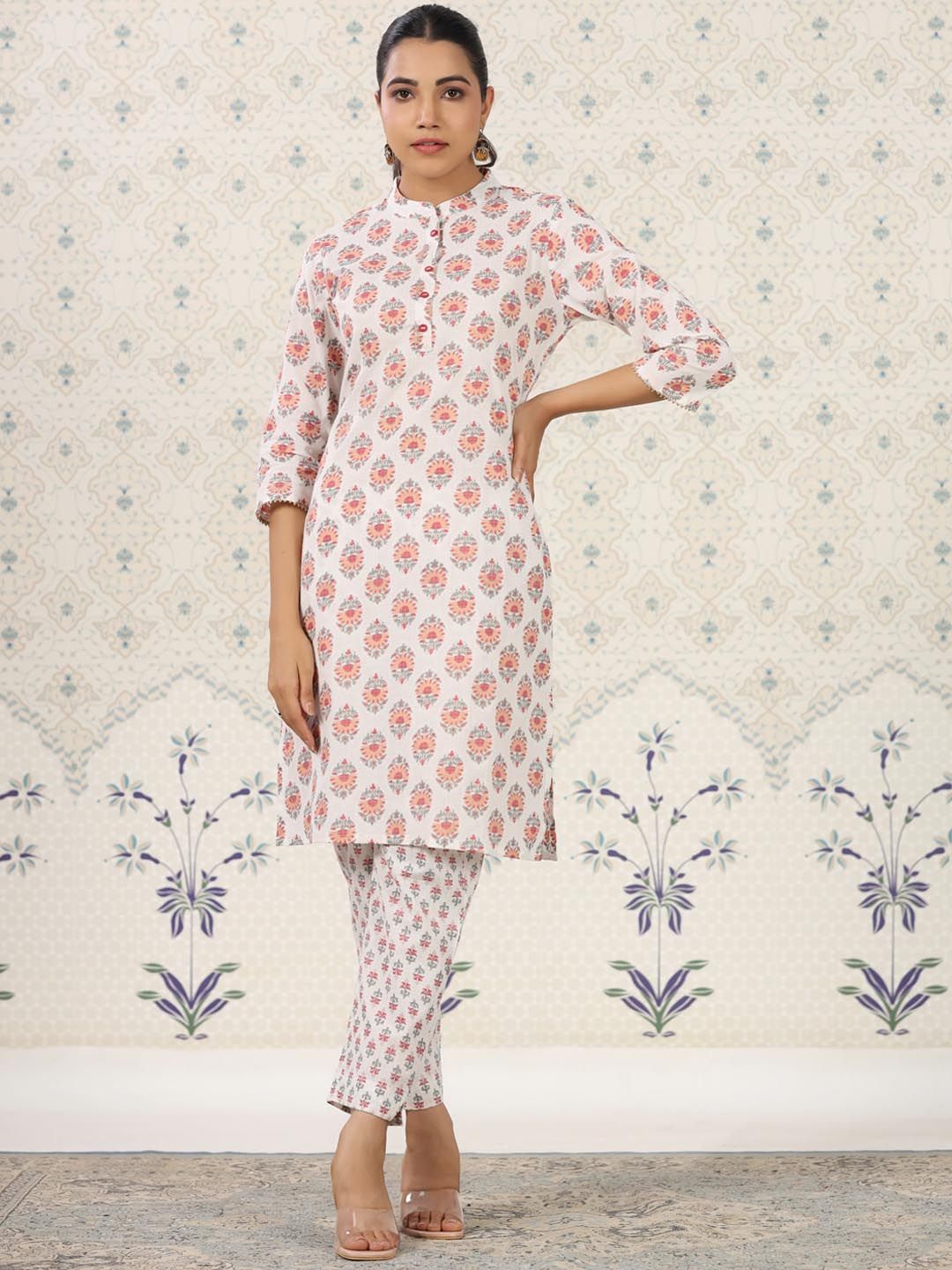 Ode by House of Pataudi Ethnic Motifs Printed Band Collar Pure Cotton Kurta with Trousers - Distacart