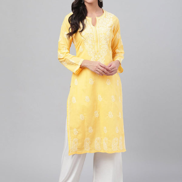 ADA Women Yellow & White Chikankari Hand-Embroidered Straight Kurta - Distacart