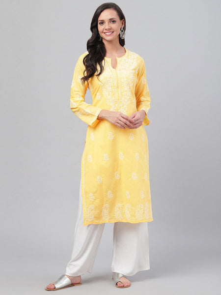 ADA Women Yellow & White Chikankari Hand-Embroidered Straight Kurta - Distacart