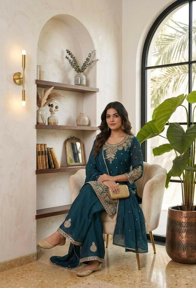 Teeya Creation New Latest Stylish Kurta Palazzo Set - Teal - Dista