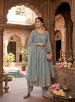 Thumbnail for Teeya Creation Elegant Grey Embroidered Anarkali Kurta Set With Mirror Work Dupatta - Dista