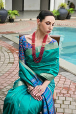 Thumbnail for Vishnu Weaves Women's Rama Raw Silk Patola Zari Woven Saree with Blouse