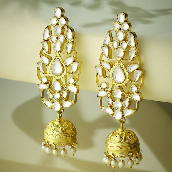 Nuyug 22K Gold-Plated Regal Kundan Stone Studded & Pearl Drop Jhumkas - Distacart