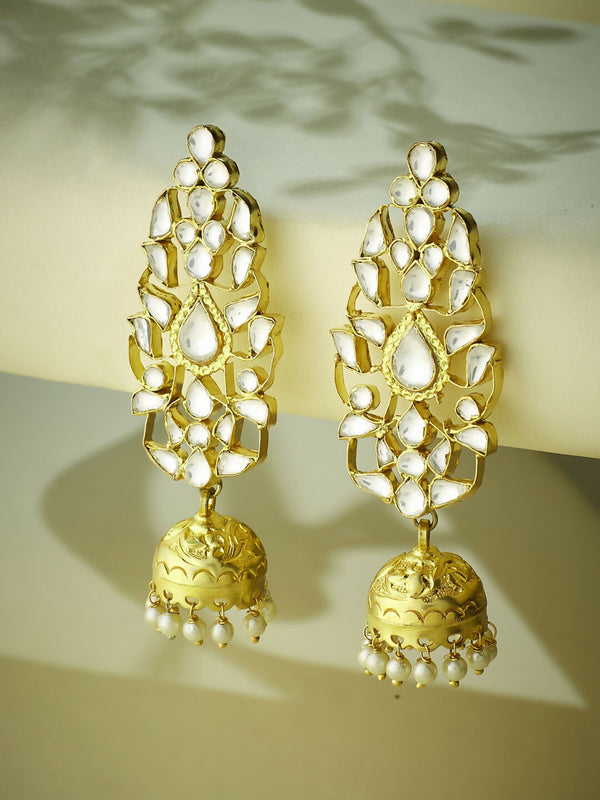 Nuyug 22K Gold-Plated Regal Kundan Stone Studded & Pearl Drop Jhumkas