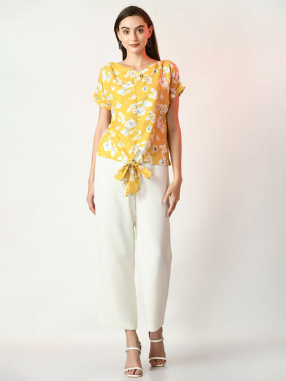 Myshka Women's Yellow Printed Top - Distacart