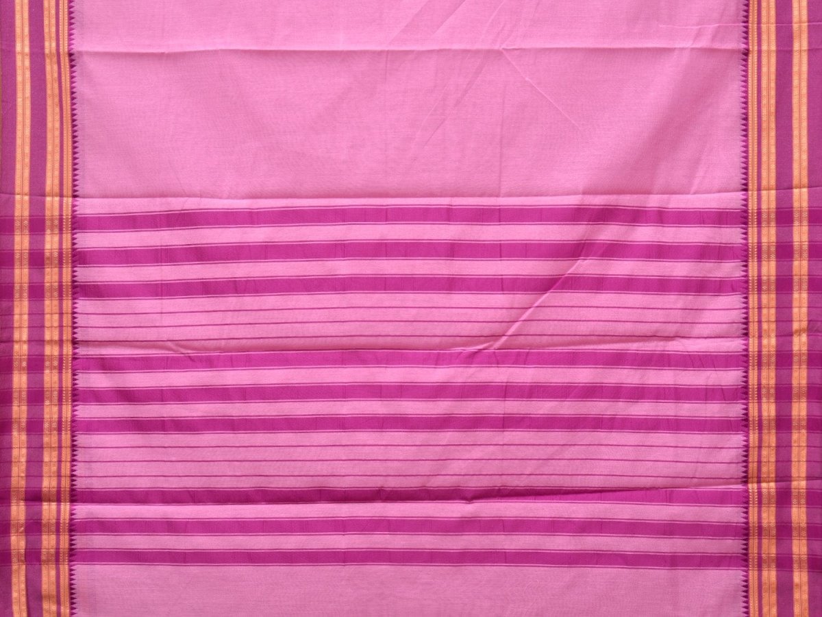 Baby Pink and Pink Bamboo Cotton Plain Saree with Strips Pallu Design No Blouse - Global Threads - Distacart