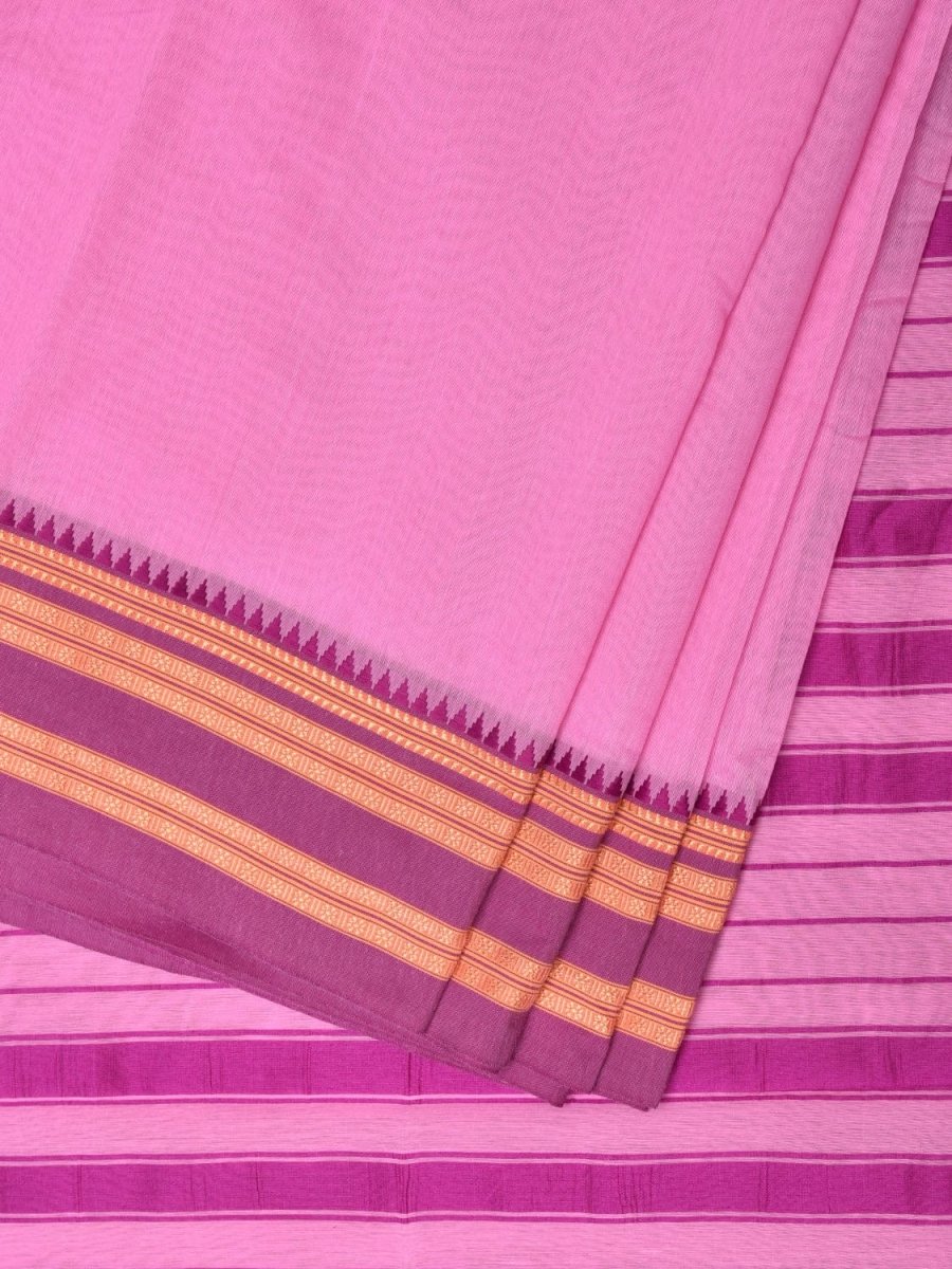Baby Pink and Pink Bamboo Cotton Plain Saree with Strips Pallu Design No Blouse - Global Threads - Distacart
