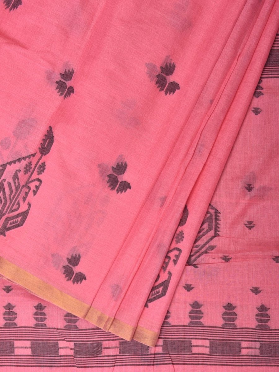 Baby Pink Khadi Cotton Handloom Saree with Buta and One Side Border Design - Global Threads - Distacart