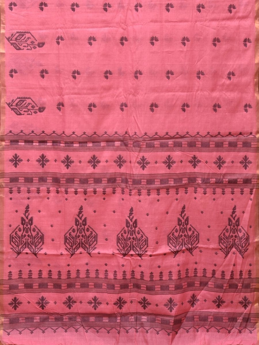 Baby Pink Khadi Cotton Handloom Saree with Buta and One Side Border Design - Global Threads - Distacart