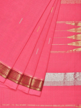 Baby Pink Khadi Cotton Handloom Saree with Doby Border and Zari Strips Pallu Design - Global Threads - Distacart