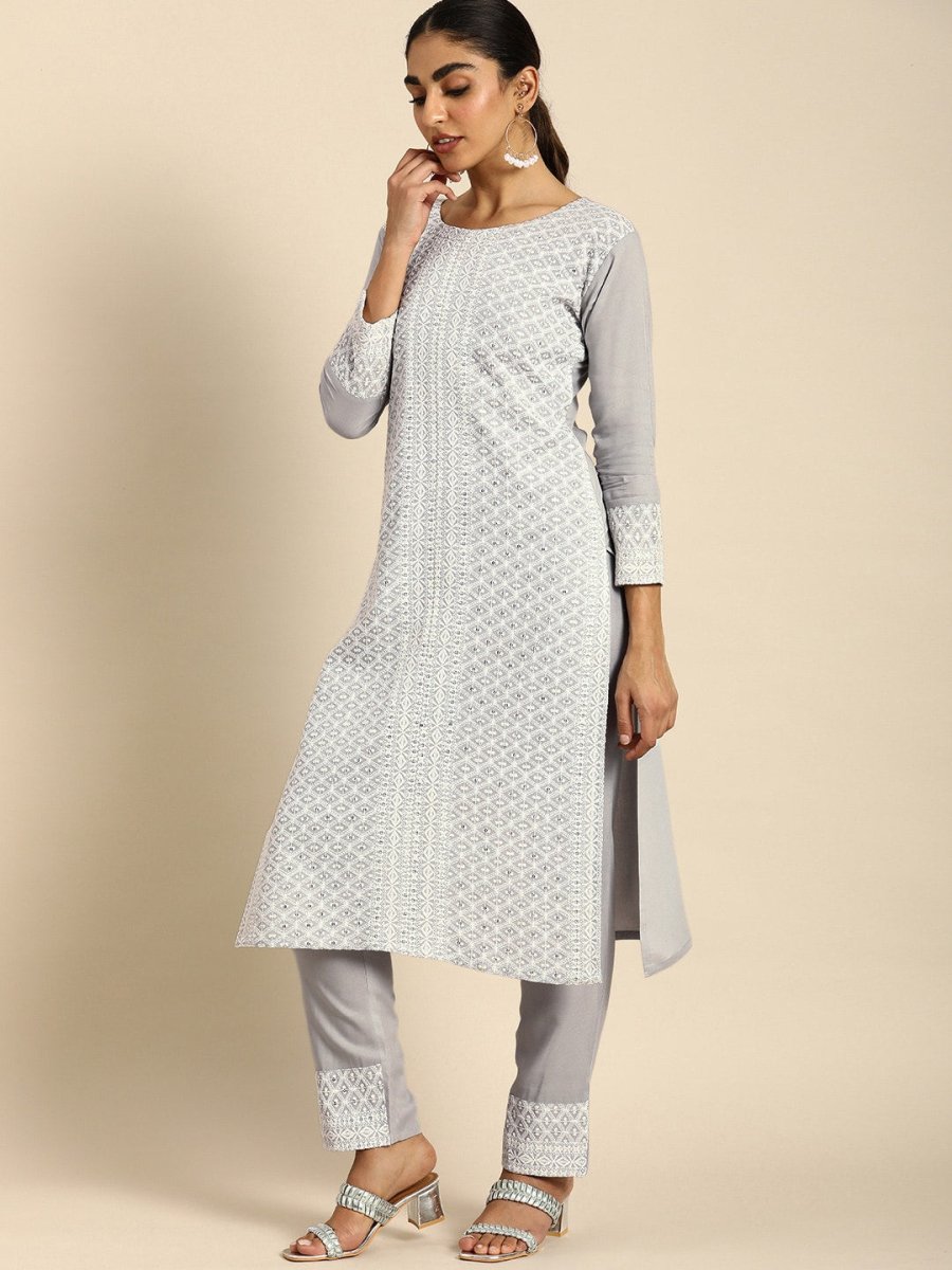 All About You Women Embroidered Chikankari Kurta With Trousers & With Dupatta - Distacart