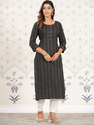 Ode by House of Pataudi Striped Round Neck Straight Cotton Kurta - Distacart