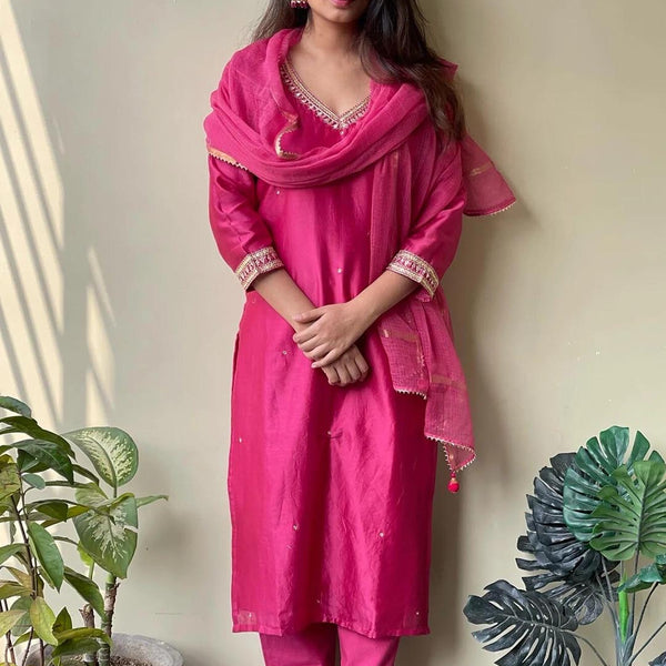 Kalini Thread Work V-Neck Straight Kurta with Trousers & With Dupatta - Distacart