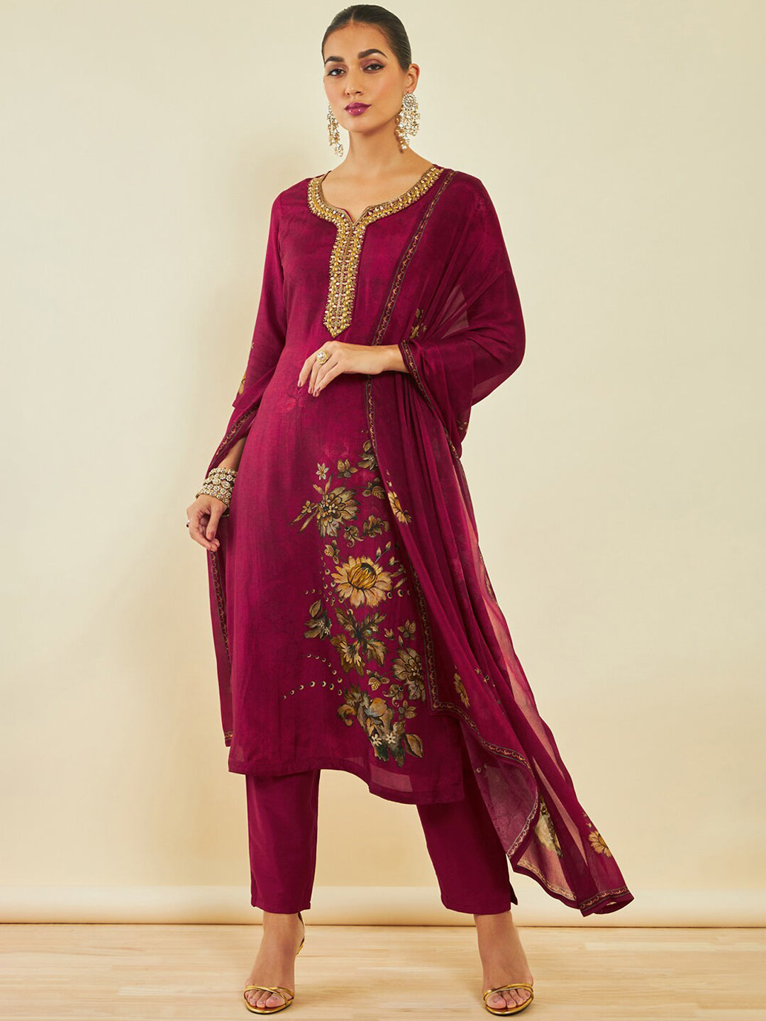 Soch Maroon Floral Printed Beads and Stones Kurta With Trousers & Dupatta - Distacart