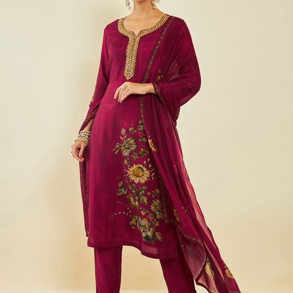 Soch Maroon Floral Printed Beads and Stones Kurta With Trousers & Dupatta - Distacart
