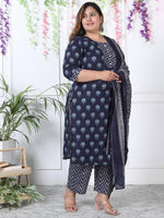 Thumbnail for Swasti Plus Size Ethnic Motifs Printed Regular Pure Cotton Kurta with Trousers & Dupatta