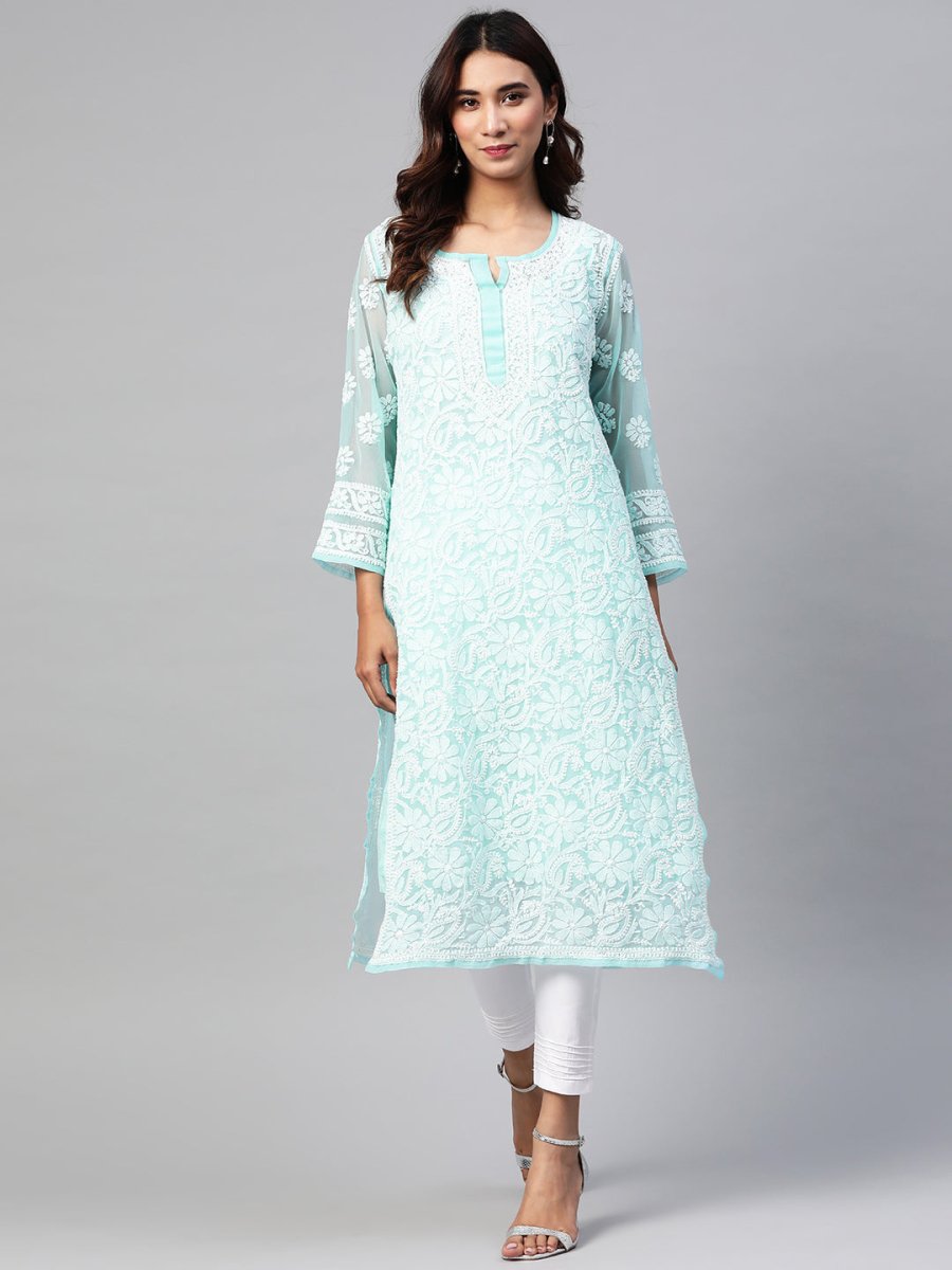 ADA Women Turquoise Blue & White Chikankari Embroidered Sustainable Handloom Kurta with Trousers & Inner - Distacart