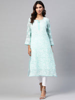 Thumbnail for ADA Women Turquoise Blue & White Chikankari Embroidered Sustainable Handloom Kurta with Trousers & Inner - Distacart