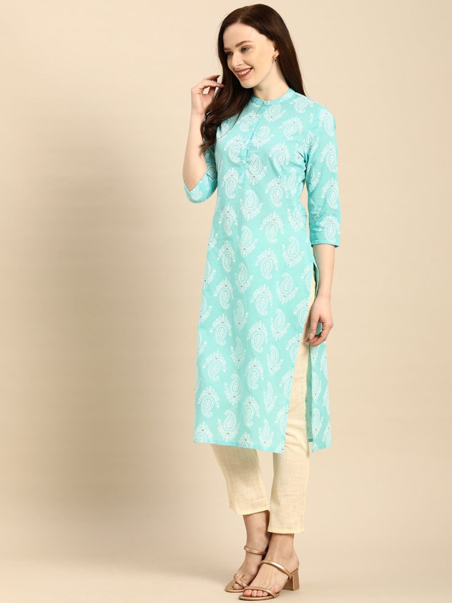 All About You Women Turquoise Blue & White Printed Pure Cotton Straight Kurta - Distacart