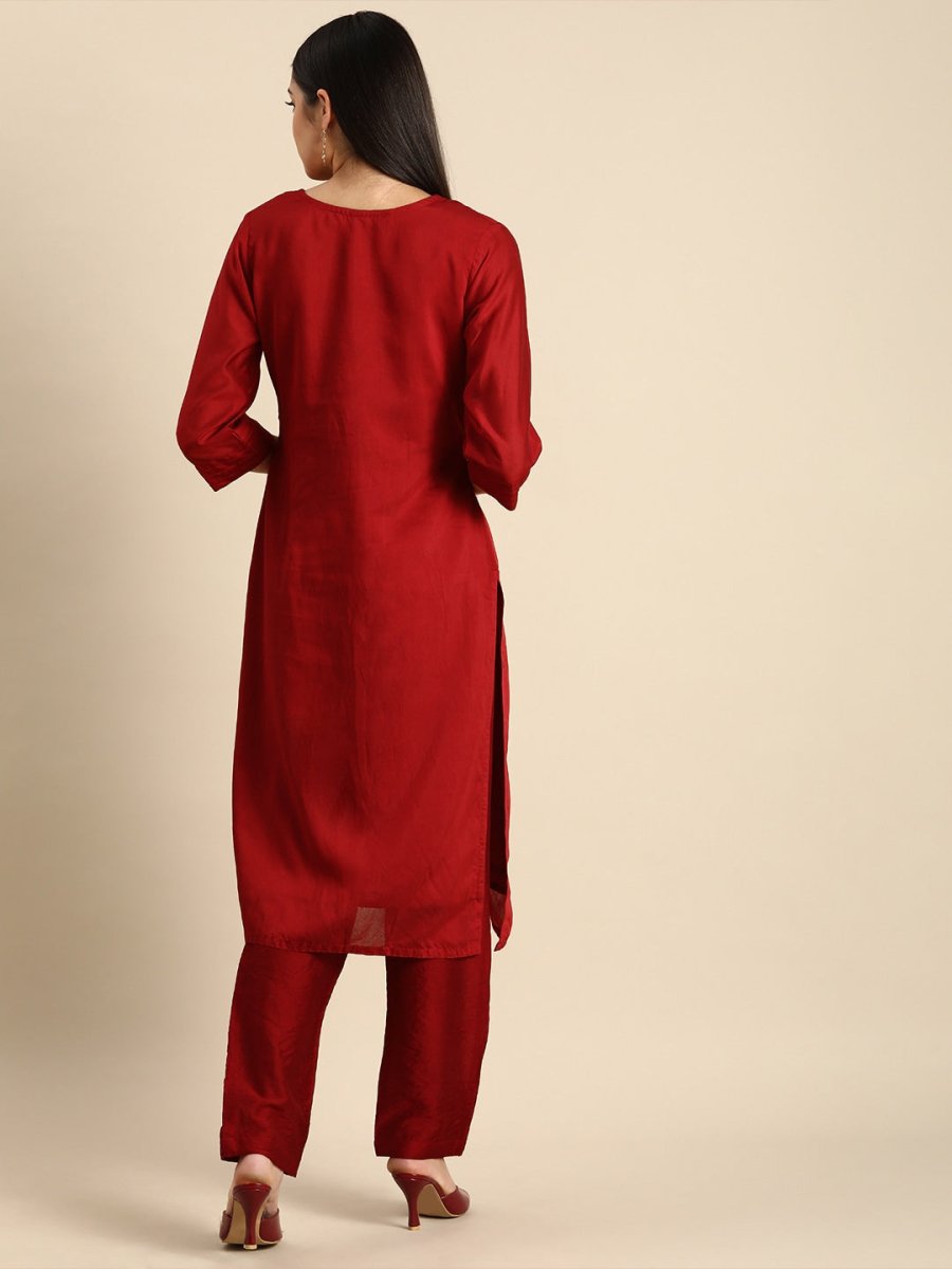 All About You Women Red & Golden Ethnic Motifs Embroidered Kurta Set - Distacart