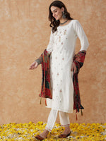 Thumbnail for Sangria White Ethnic Motifs Embroidered Thread Work Straight Kurta & Trouser With Dupatta