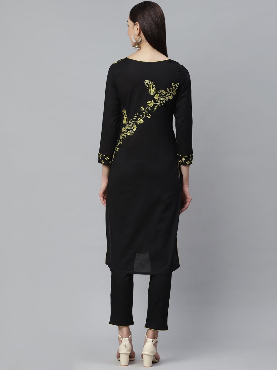ADA Women Black & Yellow Chikankari Hand Embroidered Sustainable Handloom Kurta with Trousers - Distacart