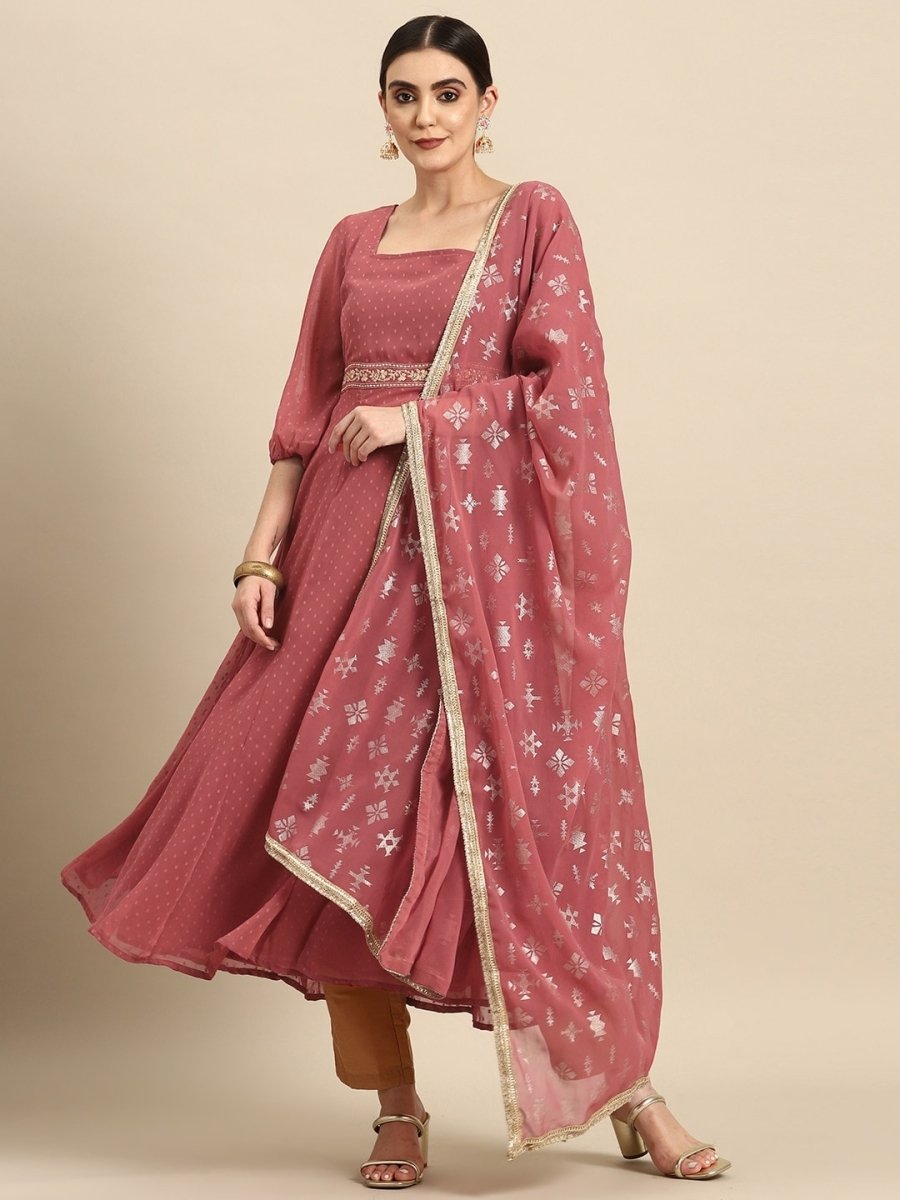 All About You Square Neck Dobby Weave A-Line Kurta With Dupatta - Distacart