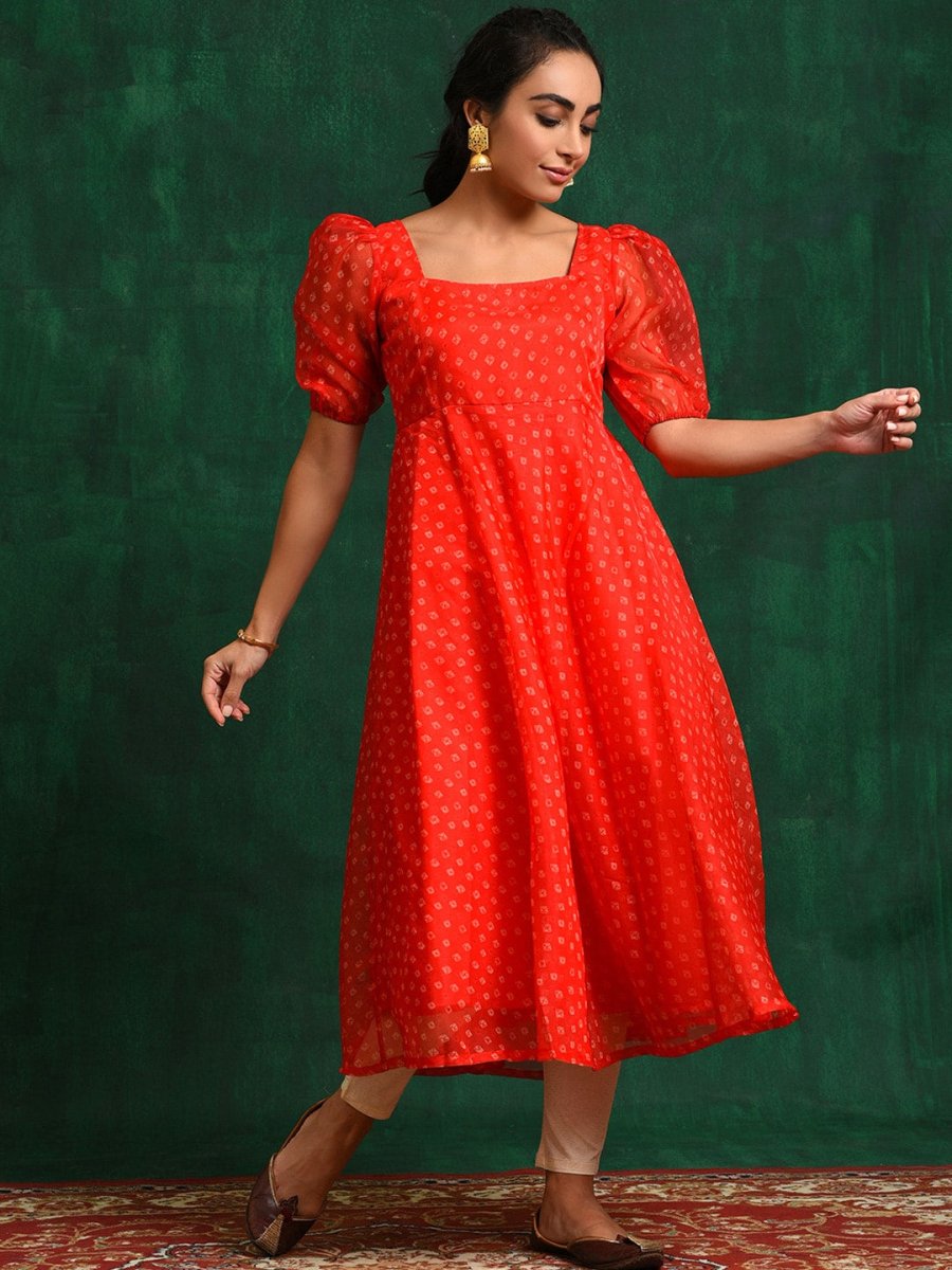 Aks Geometric Printed Sweetheart Neck Puff Sleeves Anarkali Kurta - Distacart