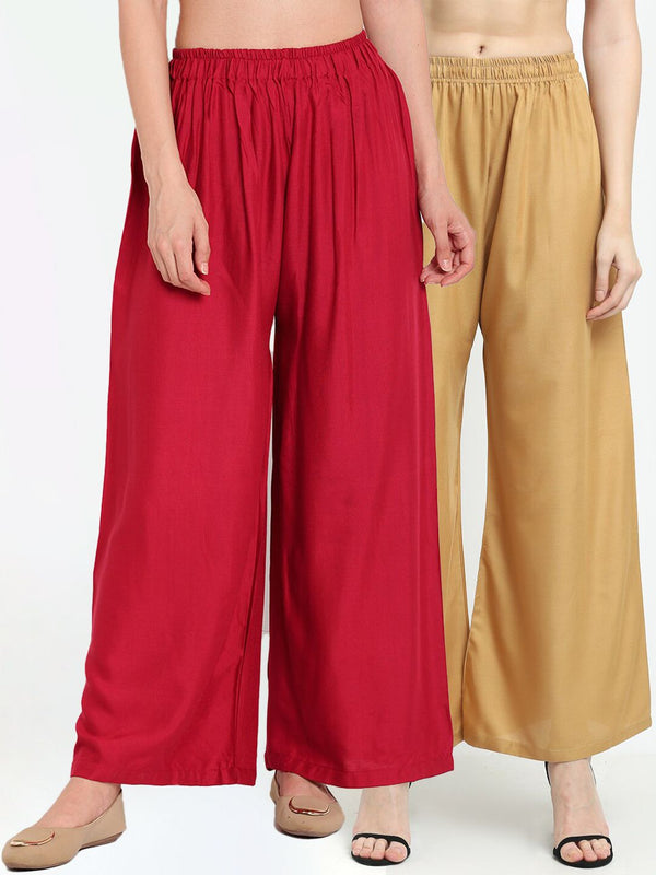 TAG 7 Women Pack of 2 Maroon & Beige Solid Wide-Leg Palazzos