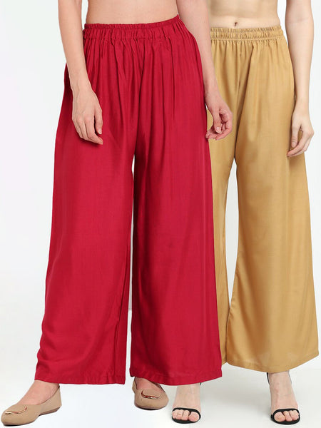 TAG 7 Women Pack of 2 Maroon & Beige Solid Wide-Leg Palazzos