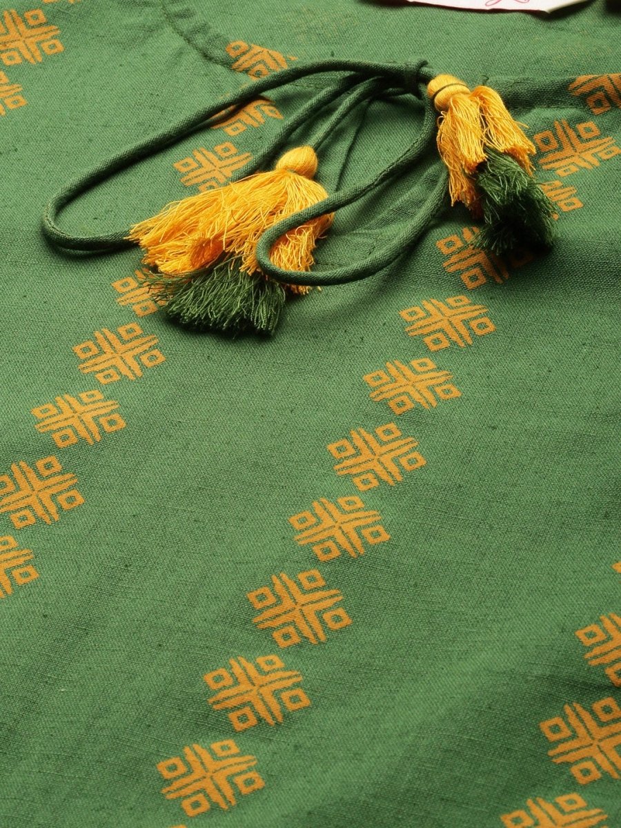All About You Women Green Ethnic Motifs Printed Kurta with Mustard Yellow Trousers - Distacart