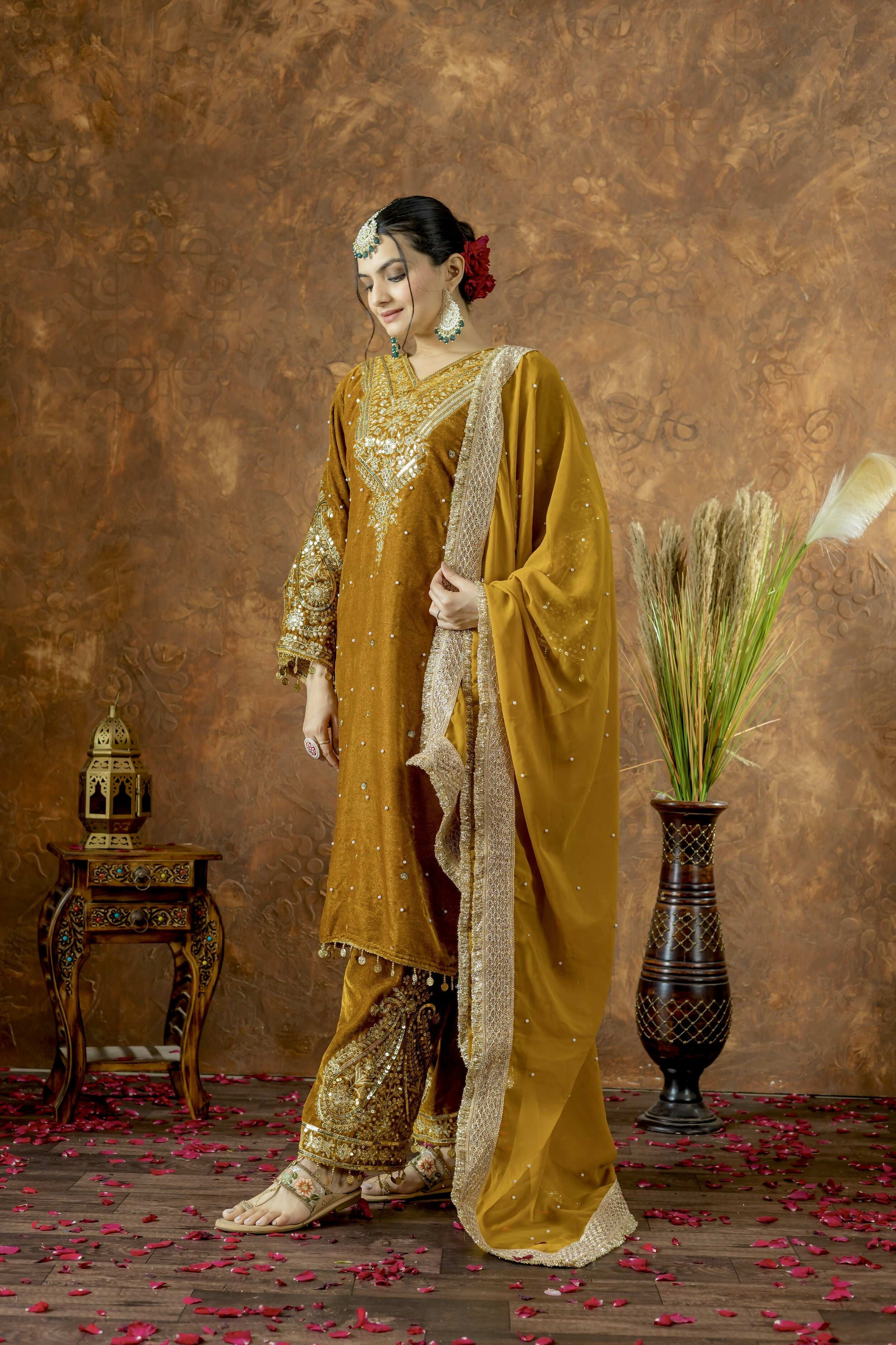 Teeya Creation Yellow Color Velvet Silk Embroidery Work Party Wear Suit